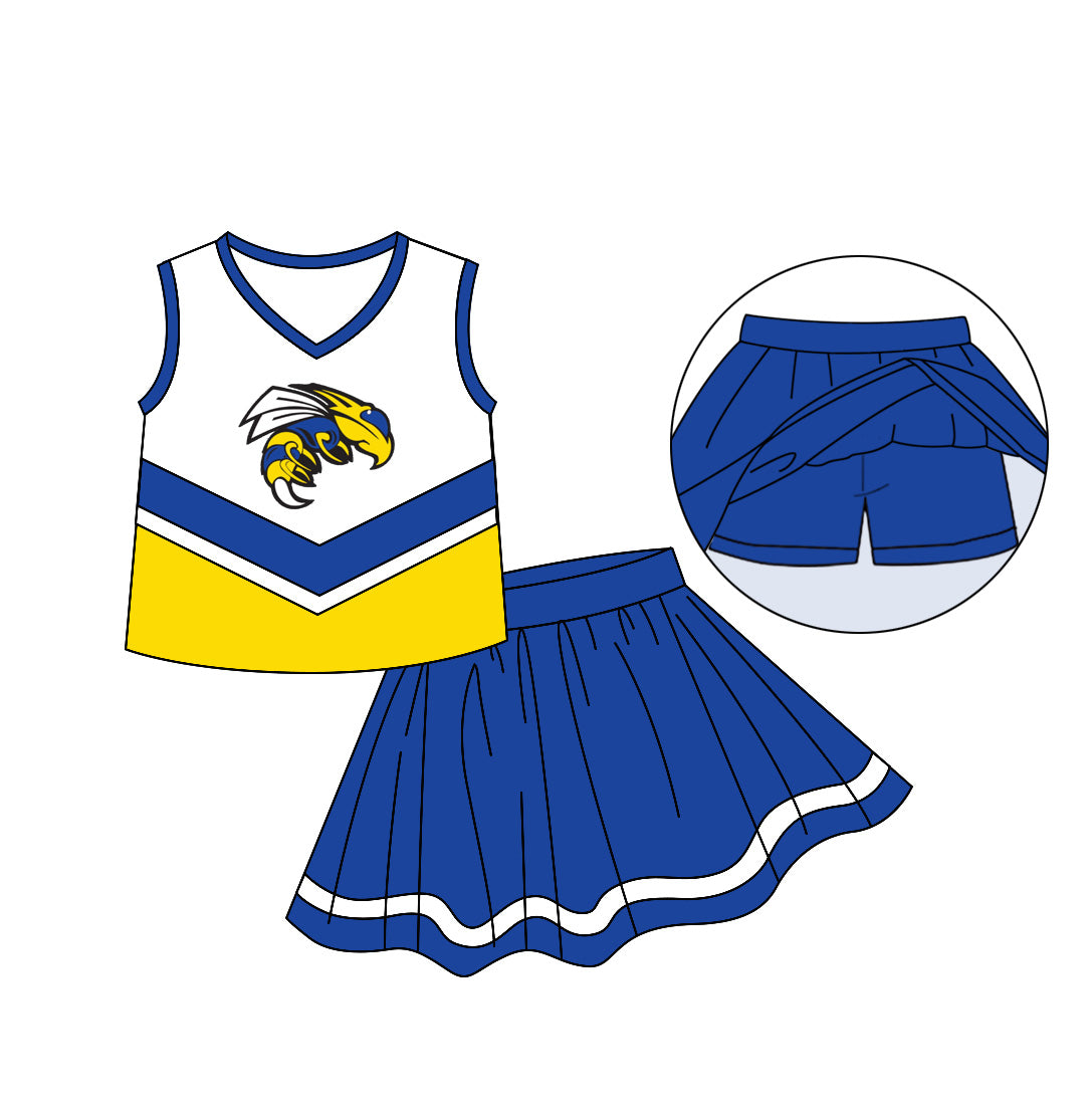 (Custom Design Preorder MOQ 5)  Team's Blue Bee Print Skirts With Shorts Girls Summer Clothes Set