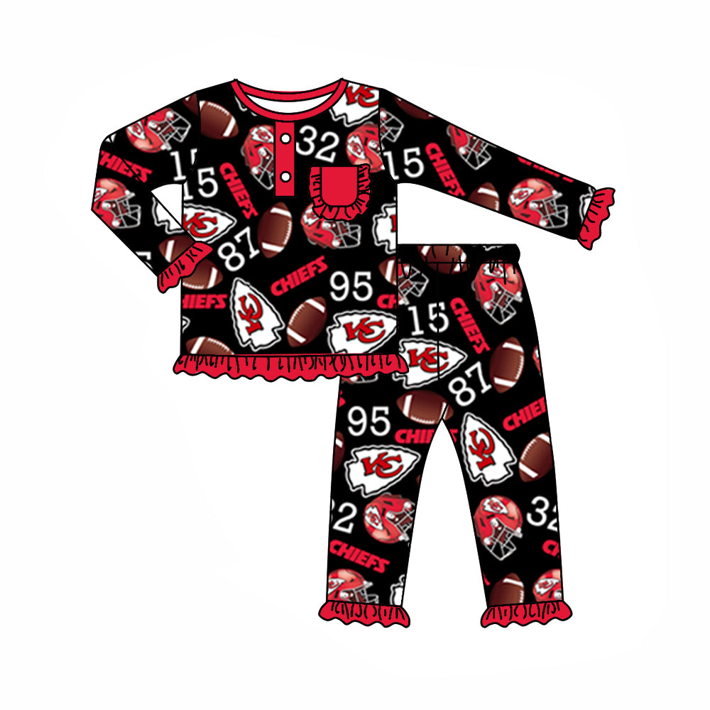 (Custom Design Preorder MOQ 5) Team's KC Black Print Pocket Girls Fall Pajamas Clothes Set