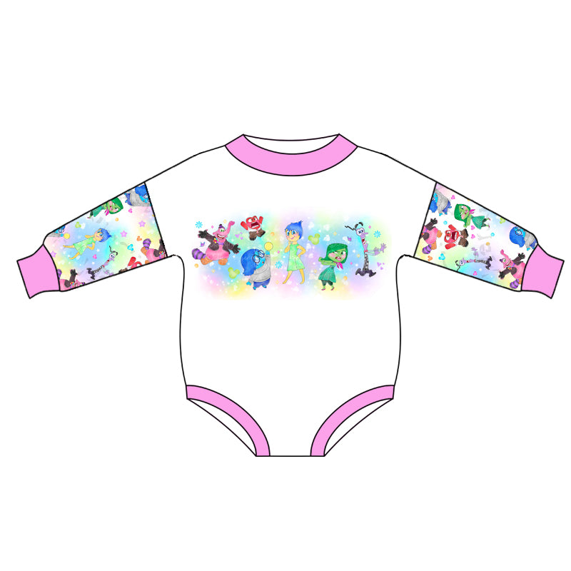 (Custom Design Preorder MOQ 5) Cartoon Figure Inside Out Tie-dye Print Baby Girls Romper