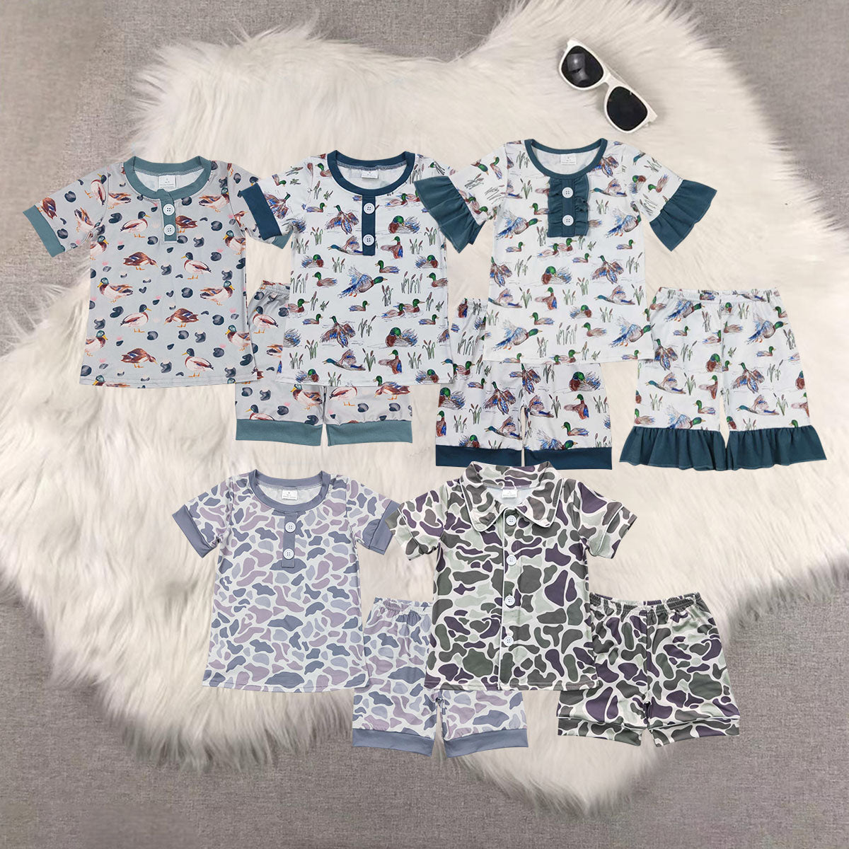 Duck & Camo Shorts Kids Summer Pajamas Clothes Set Sibling Wear