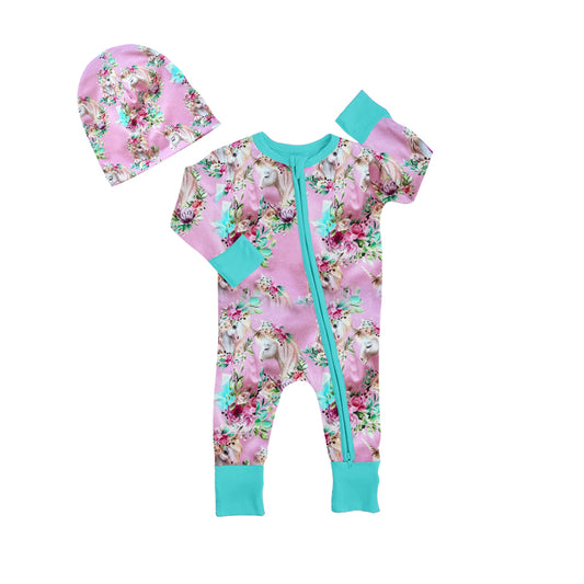 (Custom Design MOQ 5) Flowers Horse Print Baby Girls Zipper Sleeper Hat & Romper