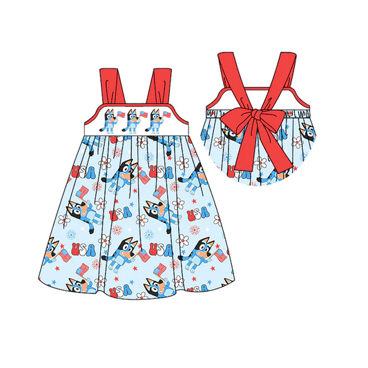 (Custom Design Preorder MOQ 5) Cartoon Dog Flag Print Girls Knee Length 4th of July Dress
