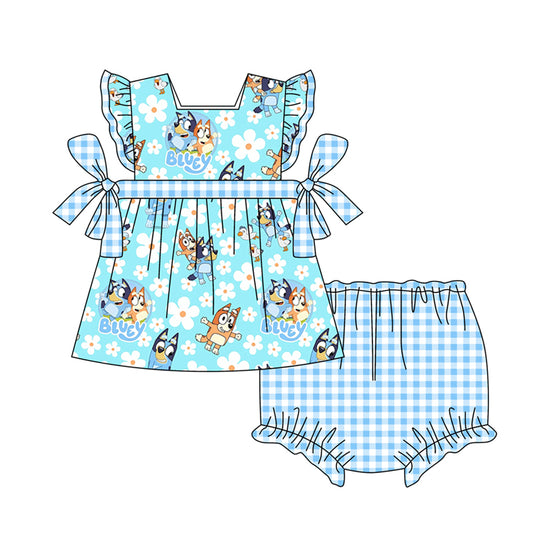 (Custom Design Preorder MOQ 5) Blue Cartoon Dog Flowers Print Baby Girls Summer Bummie Sets