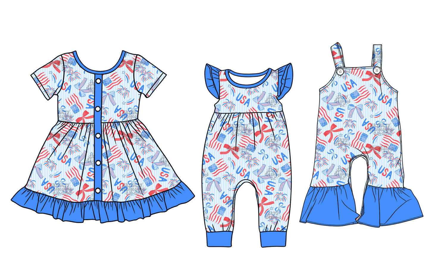 12.22(Custom Design Preorder MOQ 5 Each Design) Flag Bows USA Print Girls 4th of July Matching Clothes Sisters Wear