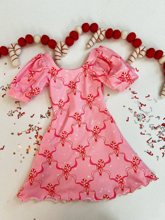 (Custom Design Preorder MOQ 5) Candy Cane Bows Print Girls Christmas Knee Length Dress