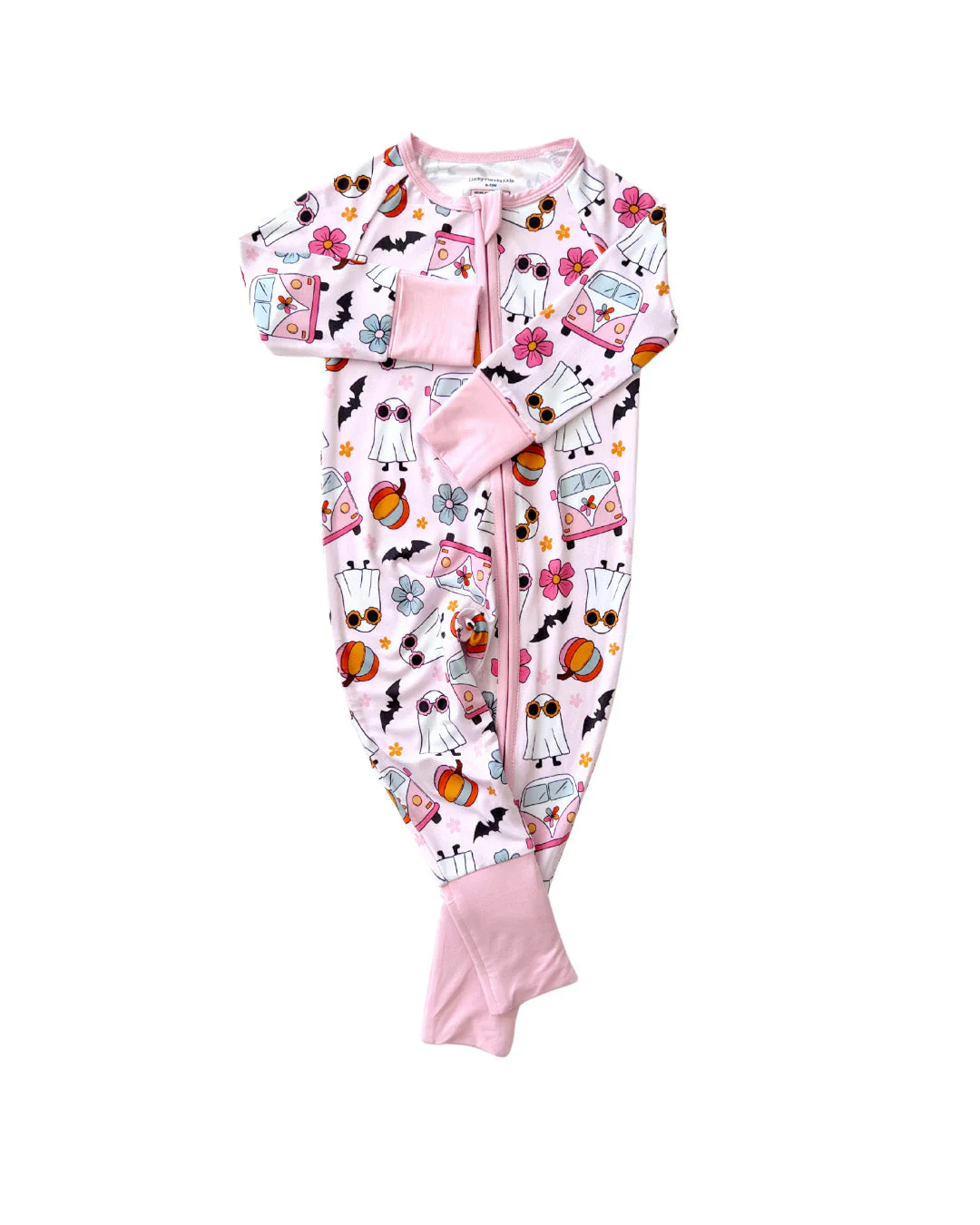 (Custom Design Preorder MOQ 5) Spooky Flowers Pumpkin Print Baby Girls Halloween Sleeper Zipper Romper
