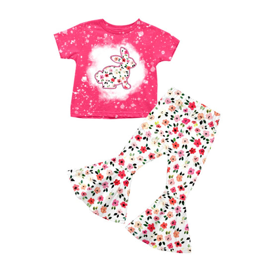 (Custom Design Preorder MOQ 5) Hot Pink Flowers Print Girls Bell Pants Easter Clothes Set