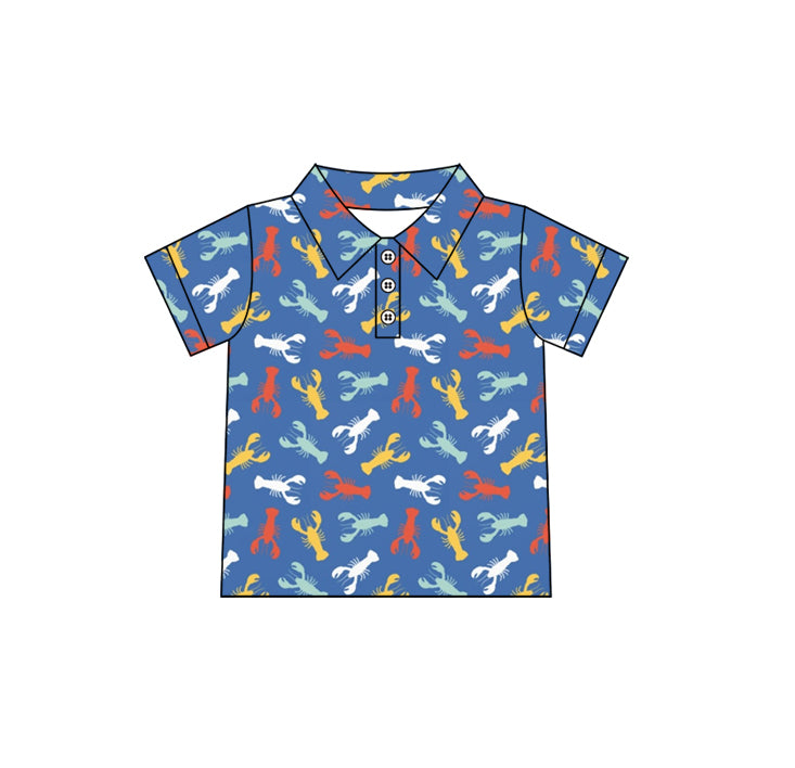 12.2(Custom Design Preorder MOQ 5 ) Crayfish Blue Print Boys Summer Polo Tee Shirts Top