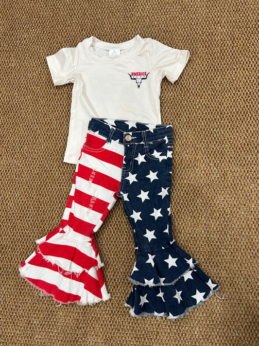 GT0465+C3-14 Cow Skull America Top Star Red Stripes Denim Bell Jeans Girls 4th of July Clothes Set