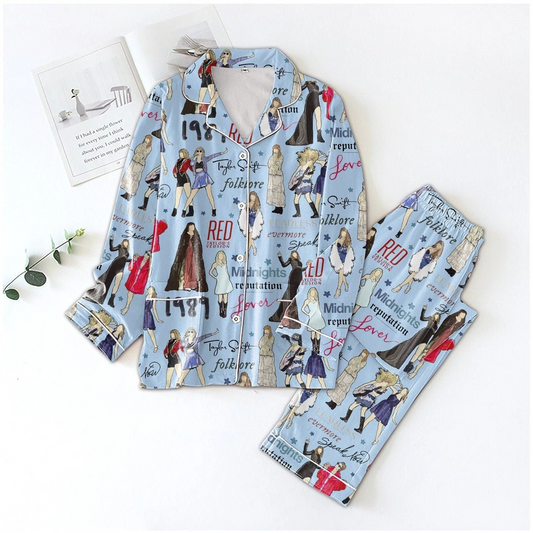 (Custom Design MOQ 5) Blue Singer Print Adult Pajamas Woman Clothes Set