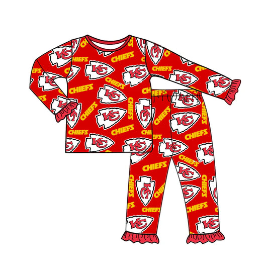 (Custom Design Preorder MOQ 5) Team's KC Red Print Girls Pajamas Clothes Set