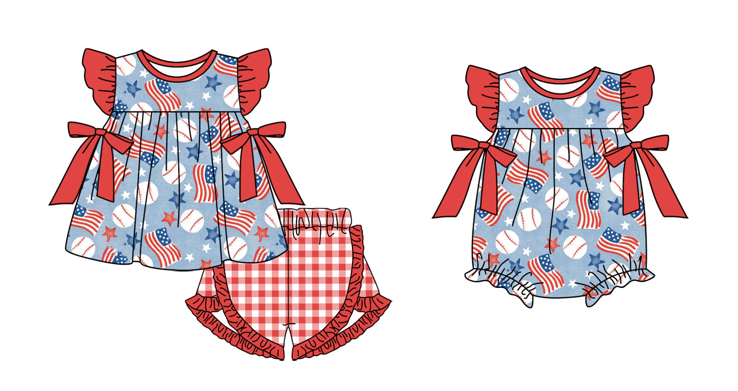 11.29(Custom Design Preorder MOQ 5 Each Design) Flag Baseball Print Girls 4th of July Matching Clothes Sisters Wear