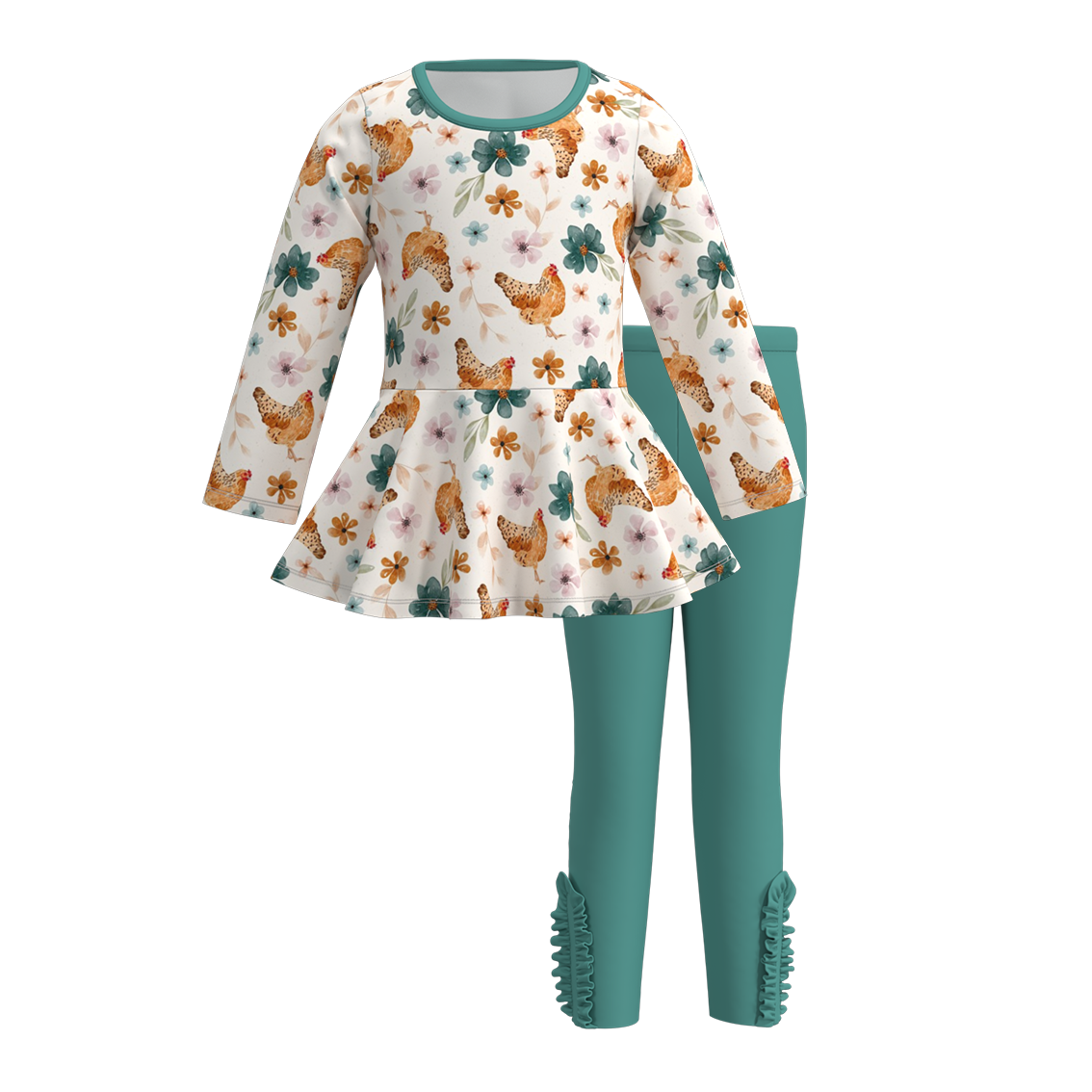 (Custom Design Preorder MOQ 5) Chicken Flowers Tunic Top Green Pants Girls Fall Clothes Set