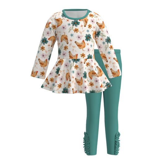 (Custom Design Preorder MOQ 5) Chicken Flowers Tunic Top Green Pants Girls Fall Clothes Set