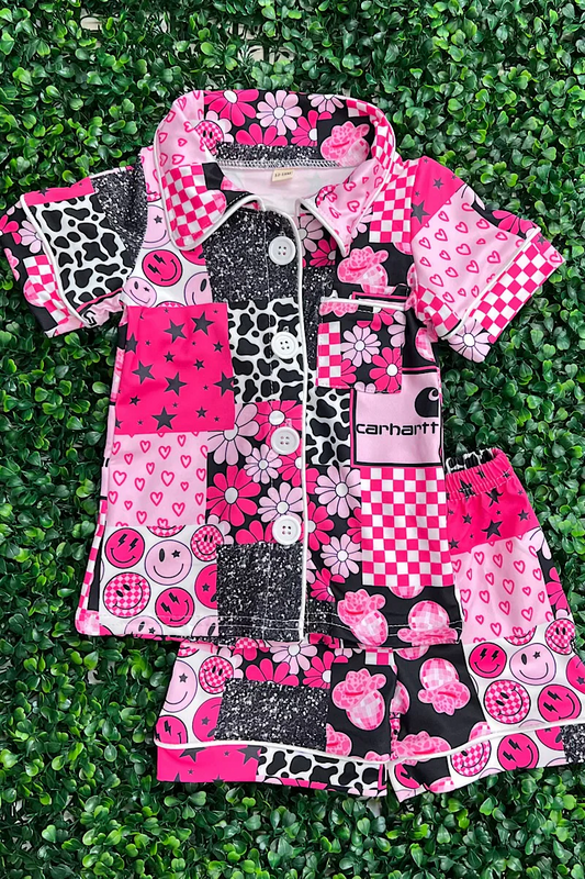 (Custom Design Preorder MOQ 5) Pink Smiling Face Print Girls Summer Clothes Set