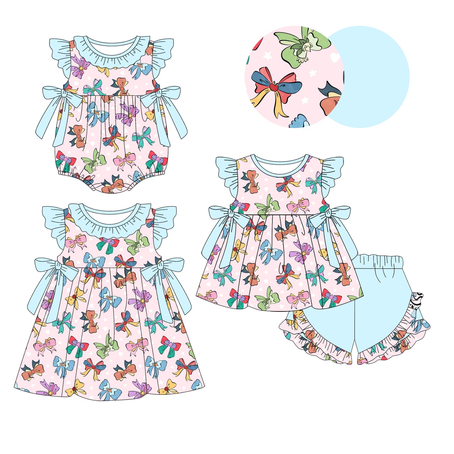 1.14(Custom Design Preorder MOQ 5 Each Design) Cartoon Princess Bows Print Girls Summer Clothes Sisters Wear