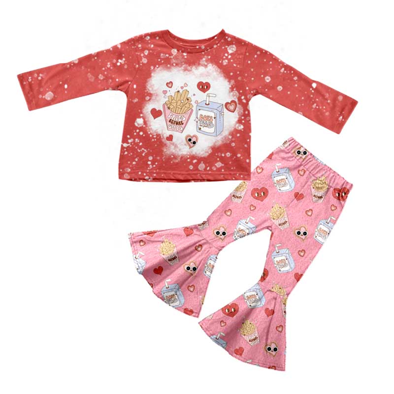 (Custom Design Preorder MOQ 5) Juice Fries Heart Top Bell Pants Girls Valentine's Day Clothes Set