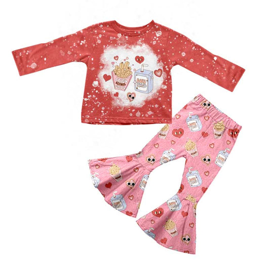 (Custom Design Preorder MOQ 5) Juice Fries Heart Top Bell Pants Girls Valentine's Day Clothes Set