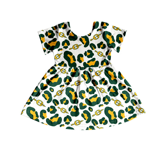 (Custom Design Preorder MOQ 5) Team's Warriors Green Leopard Print Girls Short Sleeve Knee Length Dress