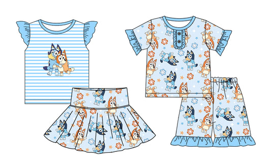 2.18(Custom Design Preorder MOQ 5 Each Design) Cartoon Dog Blue Print Girls Summer Matching Clothes Sisters Wear