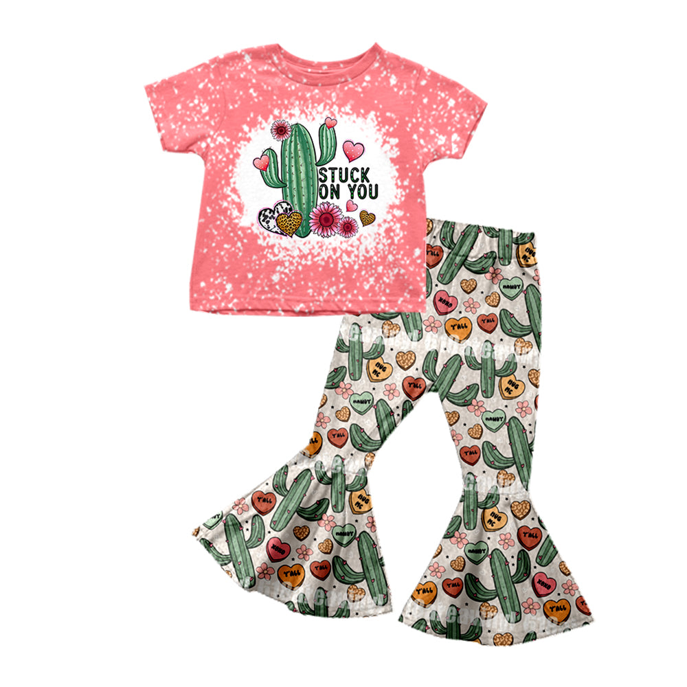 (Custom Design Preorder MOQ 5) Stuck On You Cactus Print Girls Valentine's Clothes Set