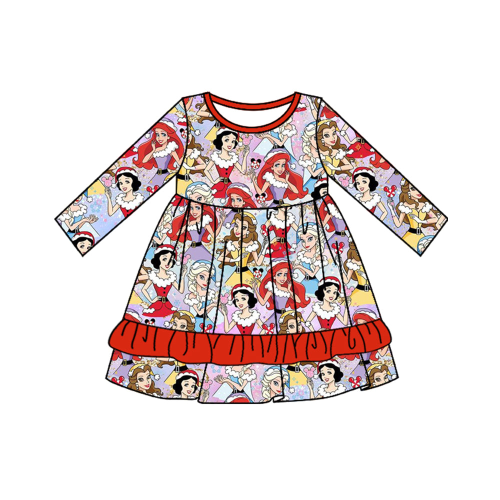 (Custom Design Preorder MOQ 5) Cartoon Princess Print Girls Knee Length Christmas Dress