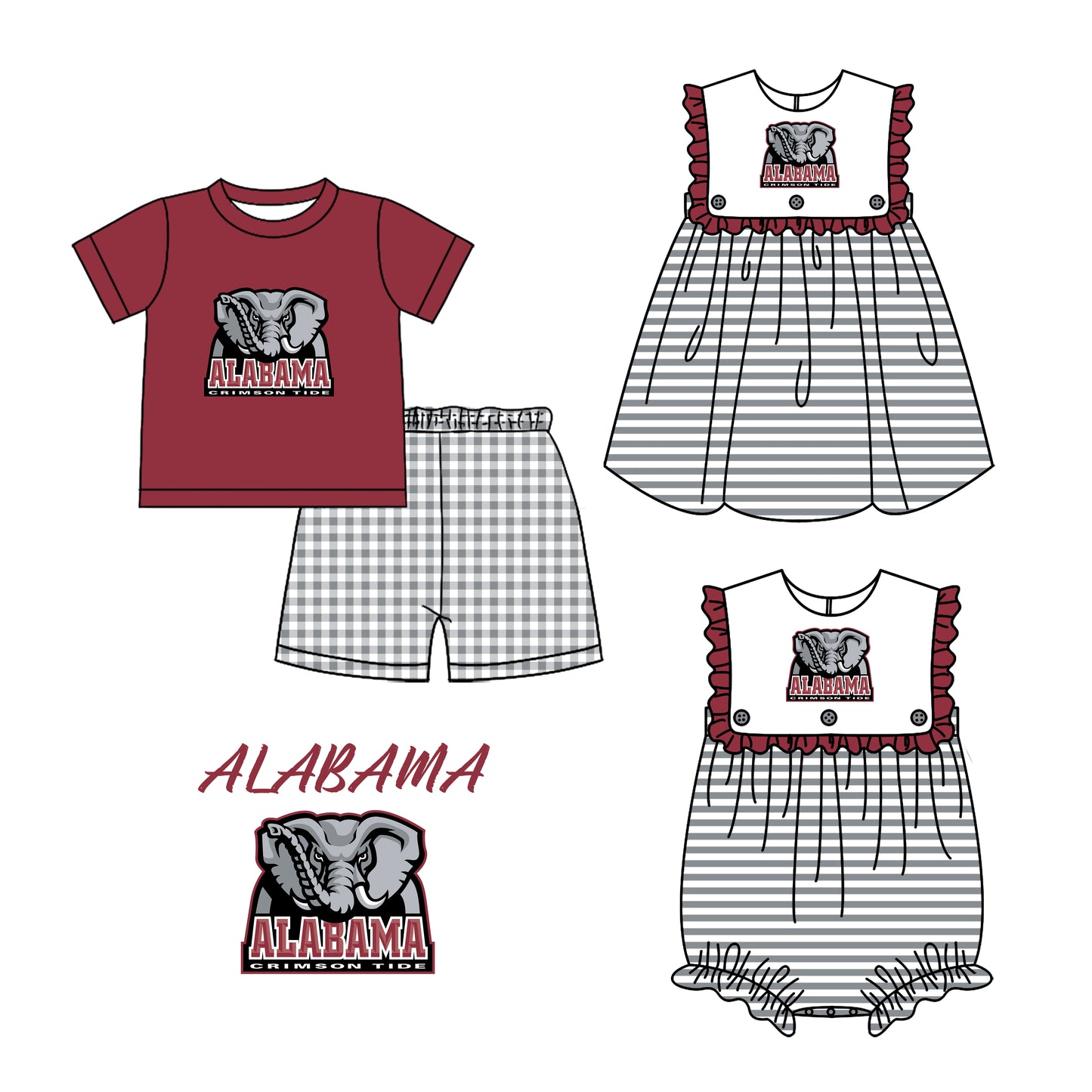 (Custom Design Preorder MOQ 5 Each Design) Team's Alabama Print Kids Summer Matching Clothes Sibling Wear