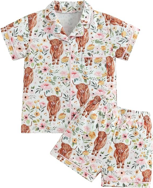 (Custom Design Preorder MOQ 5)  Flowers Highland Cow Print Girls Summer Pajamas Clothes Set