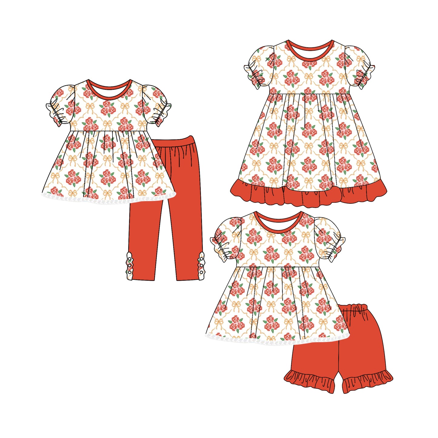 5.6(Custom Design Preorder MOQ 5 Each Design)Flowers Bows Print Girls Fall Matching Clothes Sisters Wear