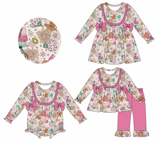 7.17(Custom Design Preorder MOQ 5 Each Design) Gingerbread Flowers HOHOHO Print Girls Christmas Matching Clothes Sisters Wear