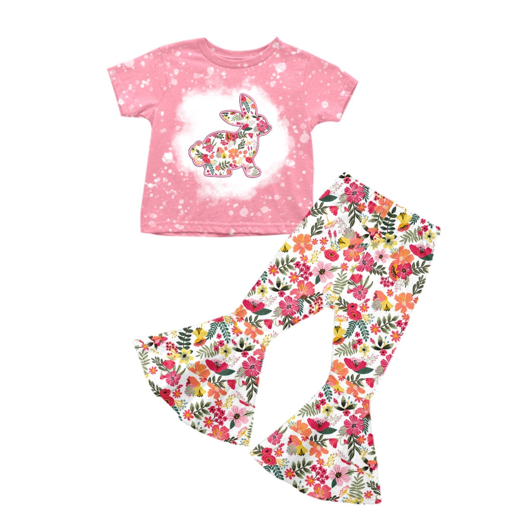 (Custom Design Preorder MOQ 5) Cute Pink Flowers Print Girls Bell Pants Easter Clothes Set