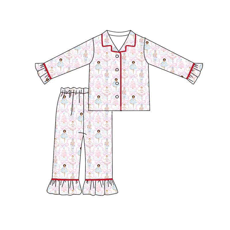 (Custom Design Preorder MOQ 5) Nutcracker Print Girls Christmas Pajamas Clothes Set