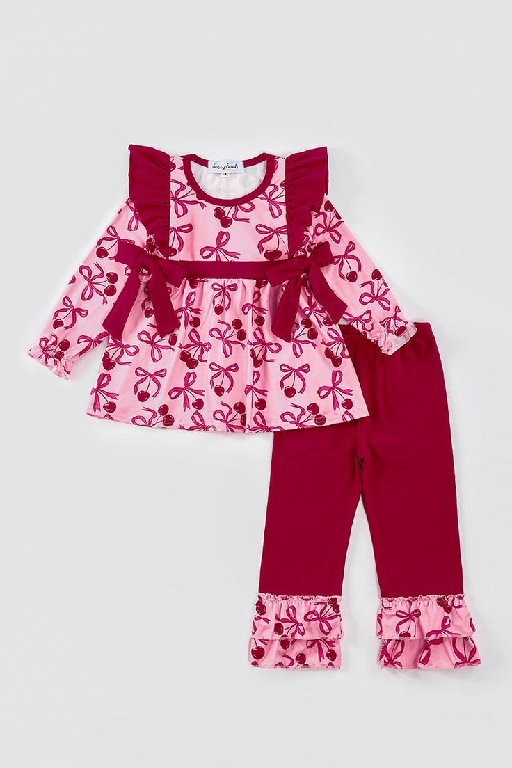 (Custom Design Preorder MOQ 5) Cherry Bows Tunic Top Ruffle Pants Girls Spring Clothes Set