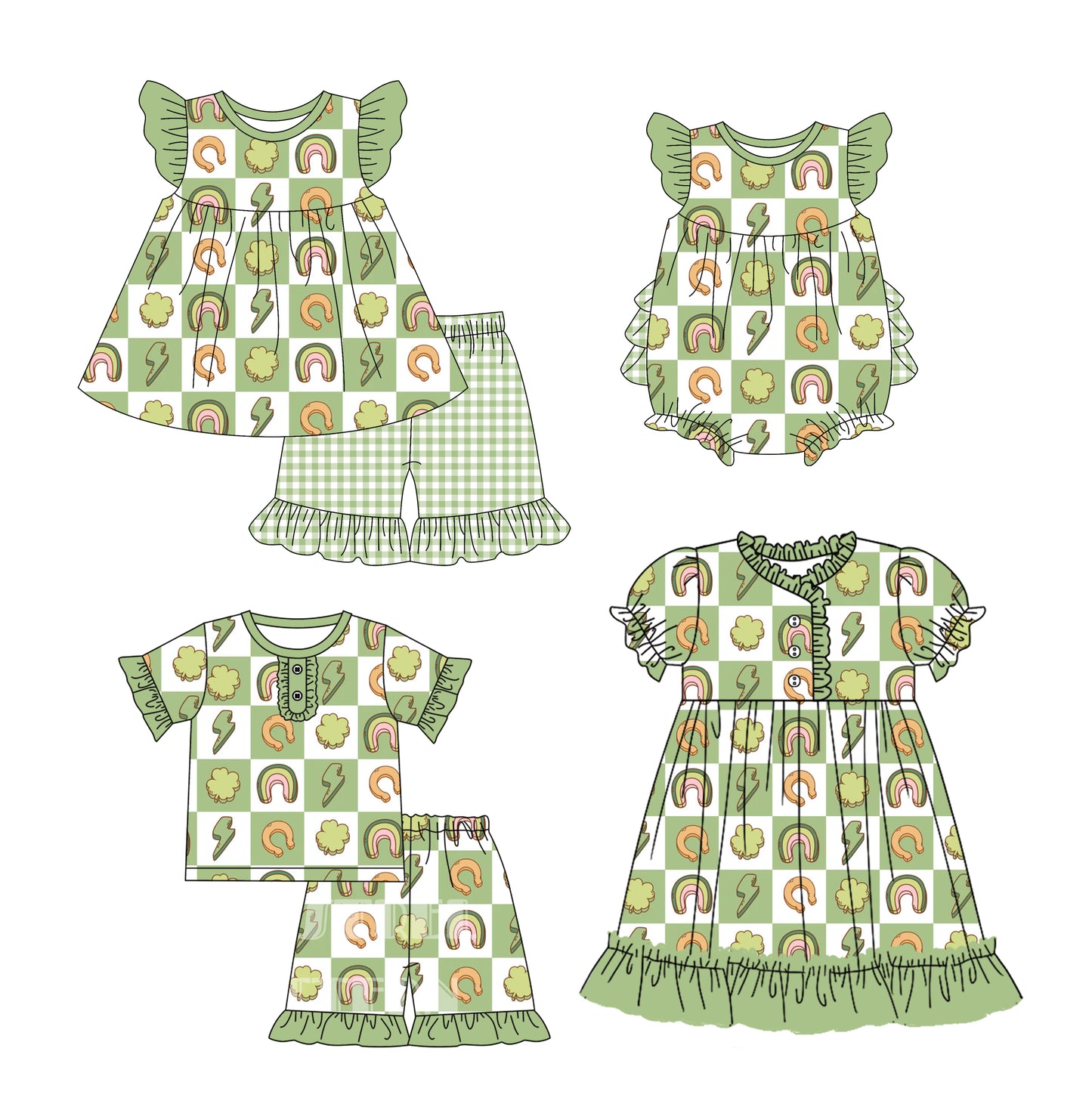 12.10(Custom Design Preorder MOQ 5 Each Design) Rainbow Leaf Plaid Print Girls St. Patrick's Day Matching Clothes Sisters Wear
