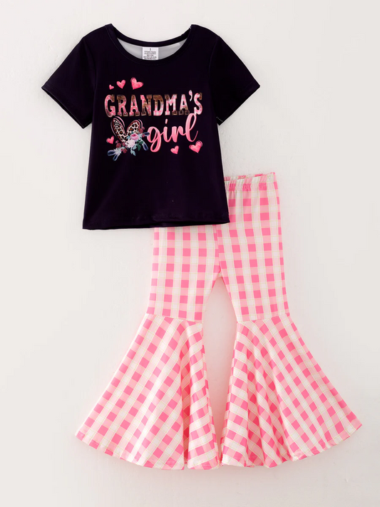 (Custom Design Preorder MOQ 5) GRANDMA'S GIRL Heart Top Pink Plaid Bell Pants Girls Valentine's Day Clothes Set