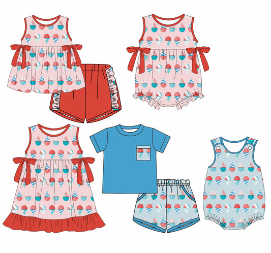 12.23 (Custom Design Preorder MOQ 5 Each Design) Ice Cream Stars Print Kids 4th of July Matching Clothes Sibling Wear