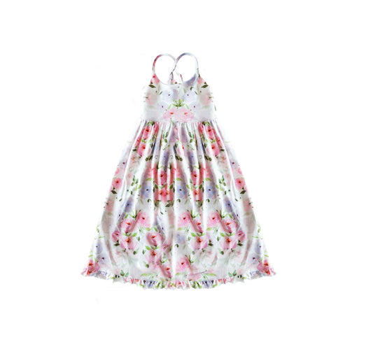 (Custom Design Preorder MOQ 5) Pink Flowers Print Girls Ankle Length Summer Dress