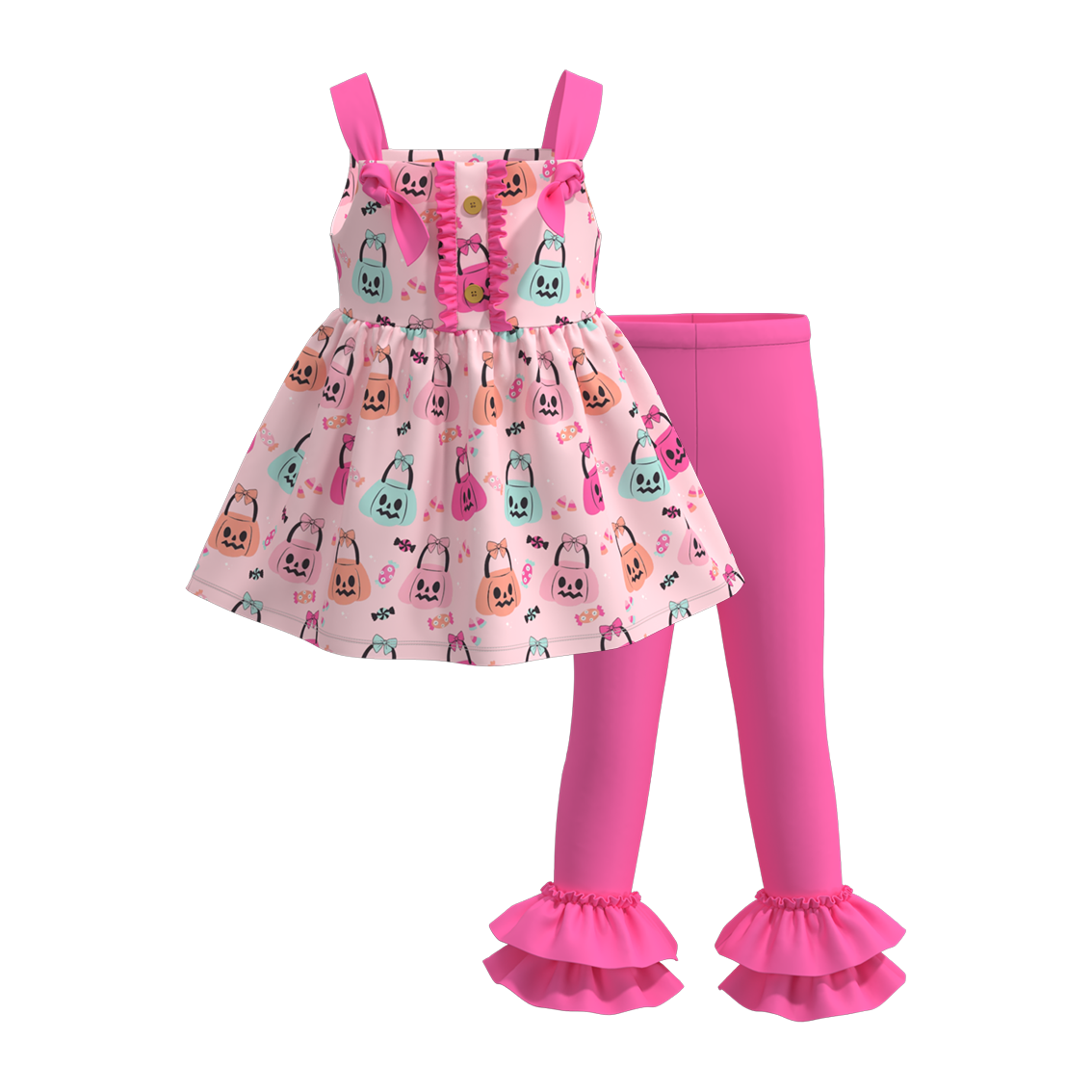 (Custom Design Preorder MOQ 5)   Pumpkin Candy Tunic Top Pink Pants Girls Halloween Clothes Set