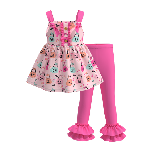 (Custom Design Preorder MOQ 5)   Pumpkin Candy Tunic Top Pink Pants Girls Halloween Clothes Set