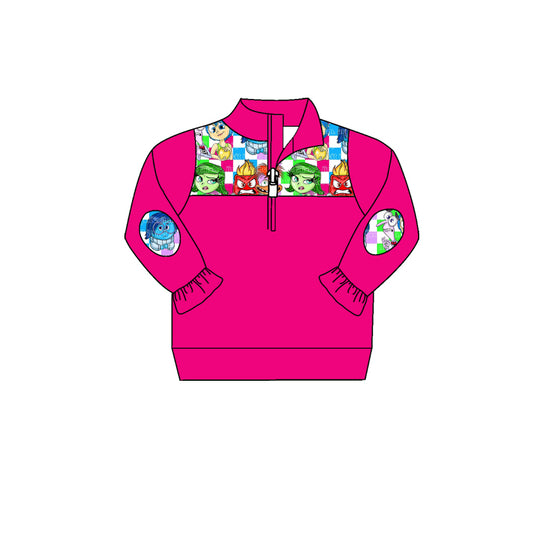 (Custom Design Preorder MOQ 5) Cartoon Figure Inside Out Hotpink Print Boys Long Sleeve Pullover Zipper Tops