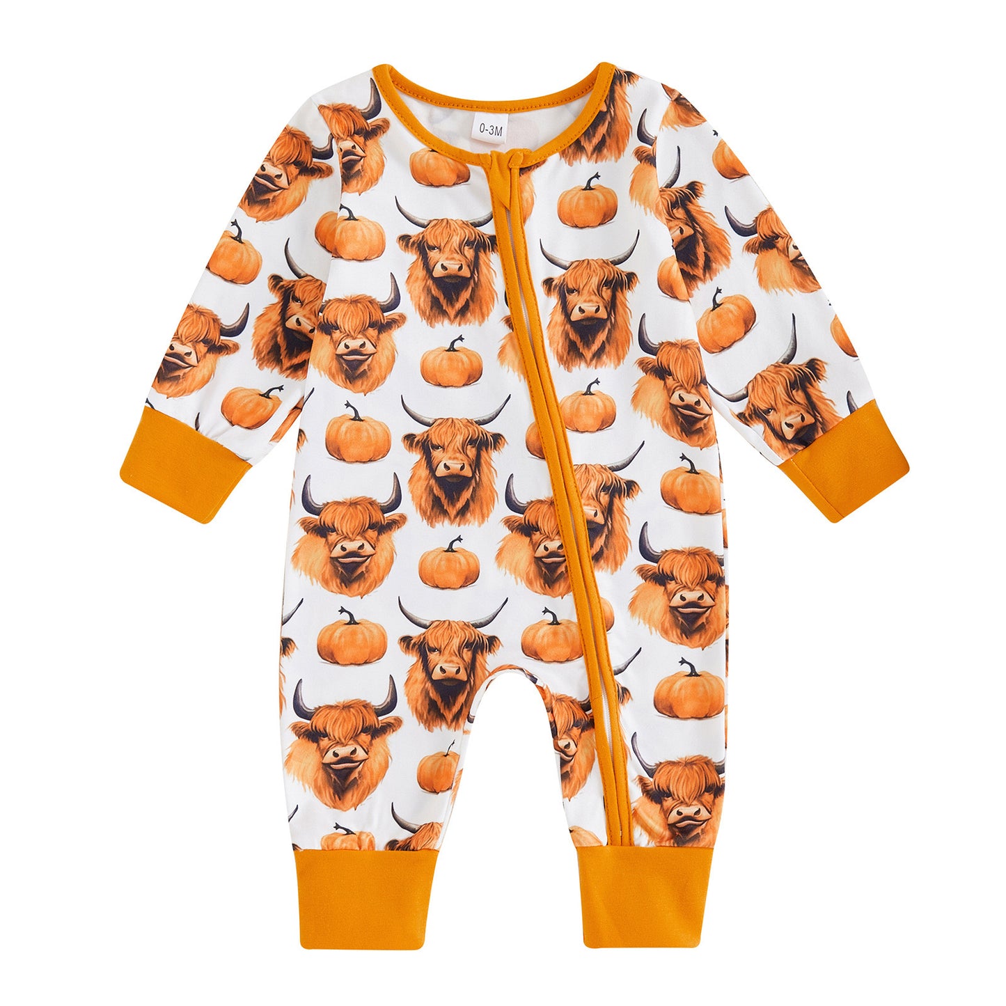 (Custom Design Preorder MOQ 5)  Pumpkin Highland Cow Print Baby Bamboo Fall Sleeper Zipper Romper