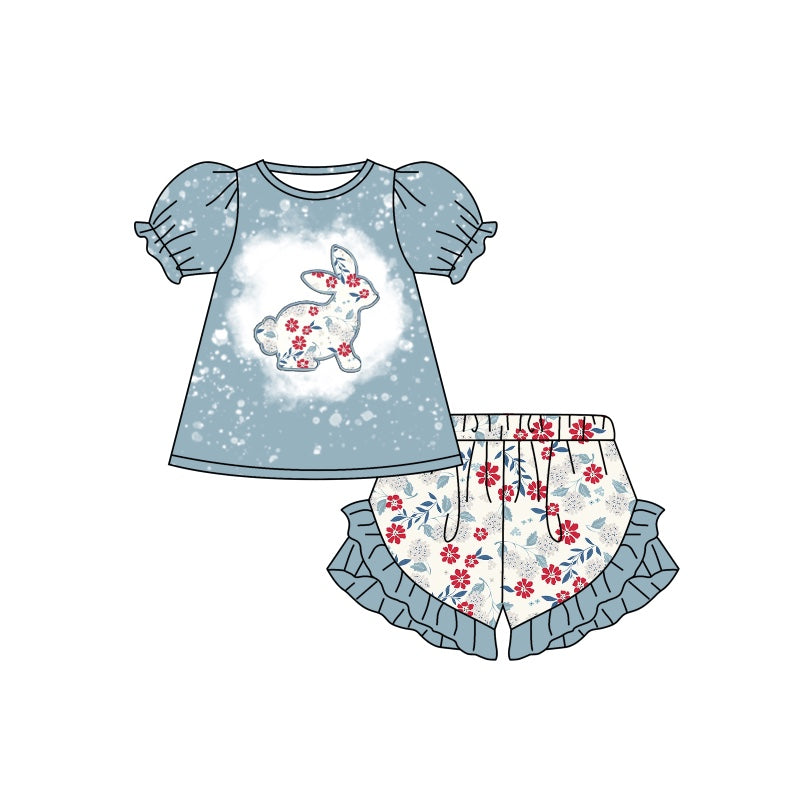 (Custom Design Preorder MOQ 5) Grey Flowers Bunny Shorts Girls Easter Clothes Set