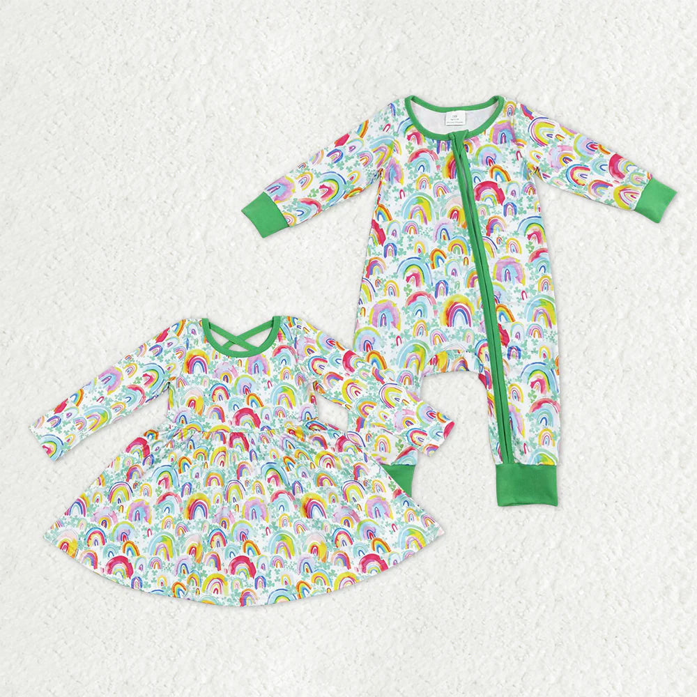 Rainbow Leaf Print Girls St. Patrick's Day Matching Clothes Sisters Wear
