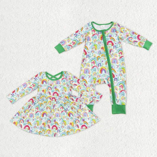 Rainbow Leaf Print Girls St. Patrick's Day Matching Clothes Sisters Wear