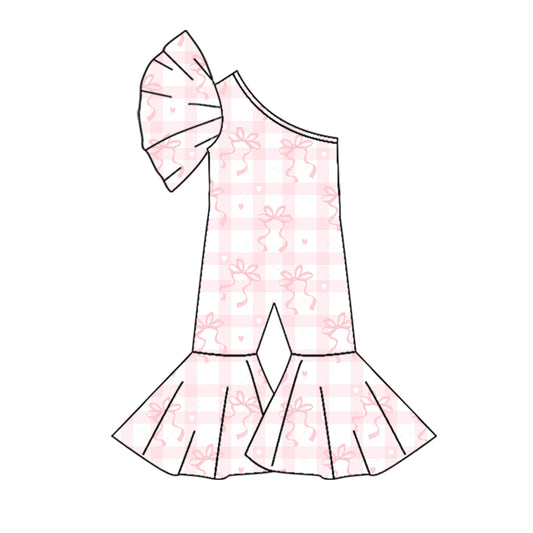 (Custom Design Preorder MOQ 5) Pink Bows Plaid Print Girls One Shoulder Jumpsuits