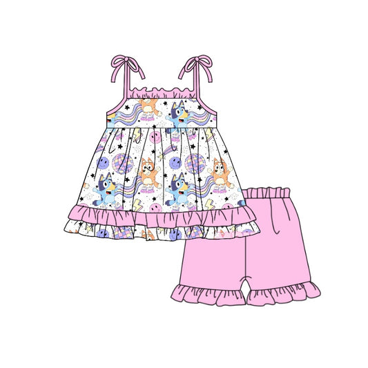 (Custom Design Preorder MOQ 5) Cartoon Dog Disco Print Girls Summer Clothes Set