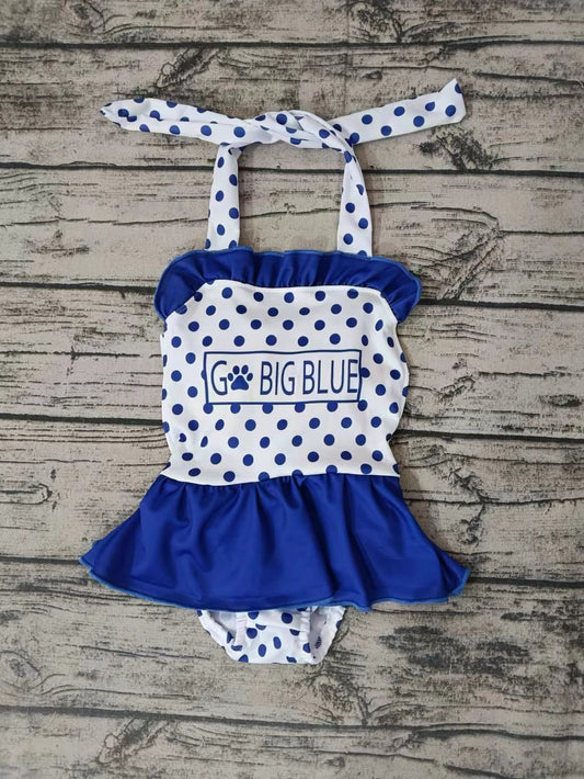 (Custom Design Preorder MOQ 5) Team's Paw Blue Polka Dot Print Girls 1 Piece Swimsuits