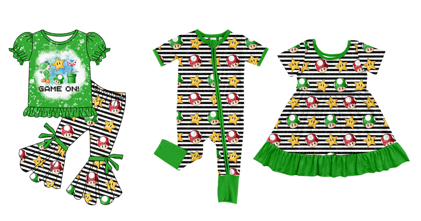 11.30(Custom Design Preorder MOQ 5 Each Design) Cartoon Games Mari* Green Print Girls Matching Clothes Sisters Wear