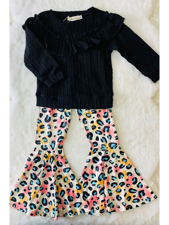 (Custom Design Preorder MOQ 5) Black Top Colorful Leopard Bell Pants Girls Fall Clothes Set