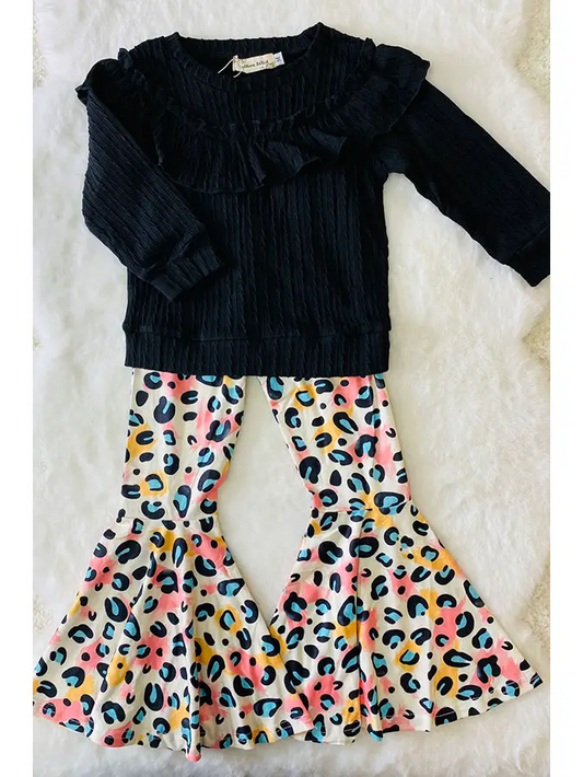 (Custom Design Preorder MOQ 5) Black Top Colorful Leopard Bell Pants Girls Fall Clothes Set